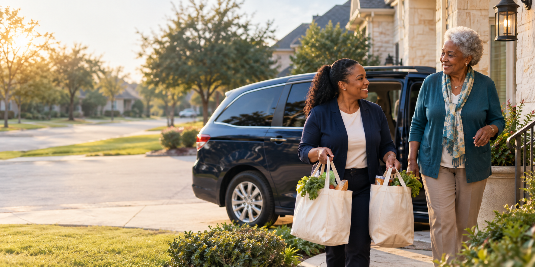 A caring transportation professional carrying groceries to a senior's doorstep